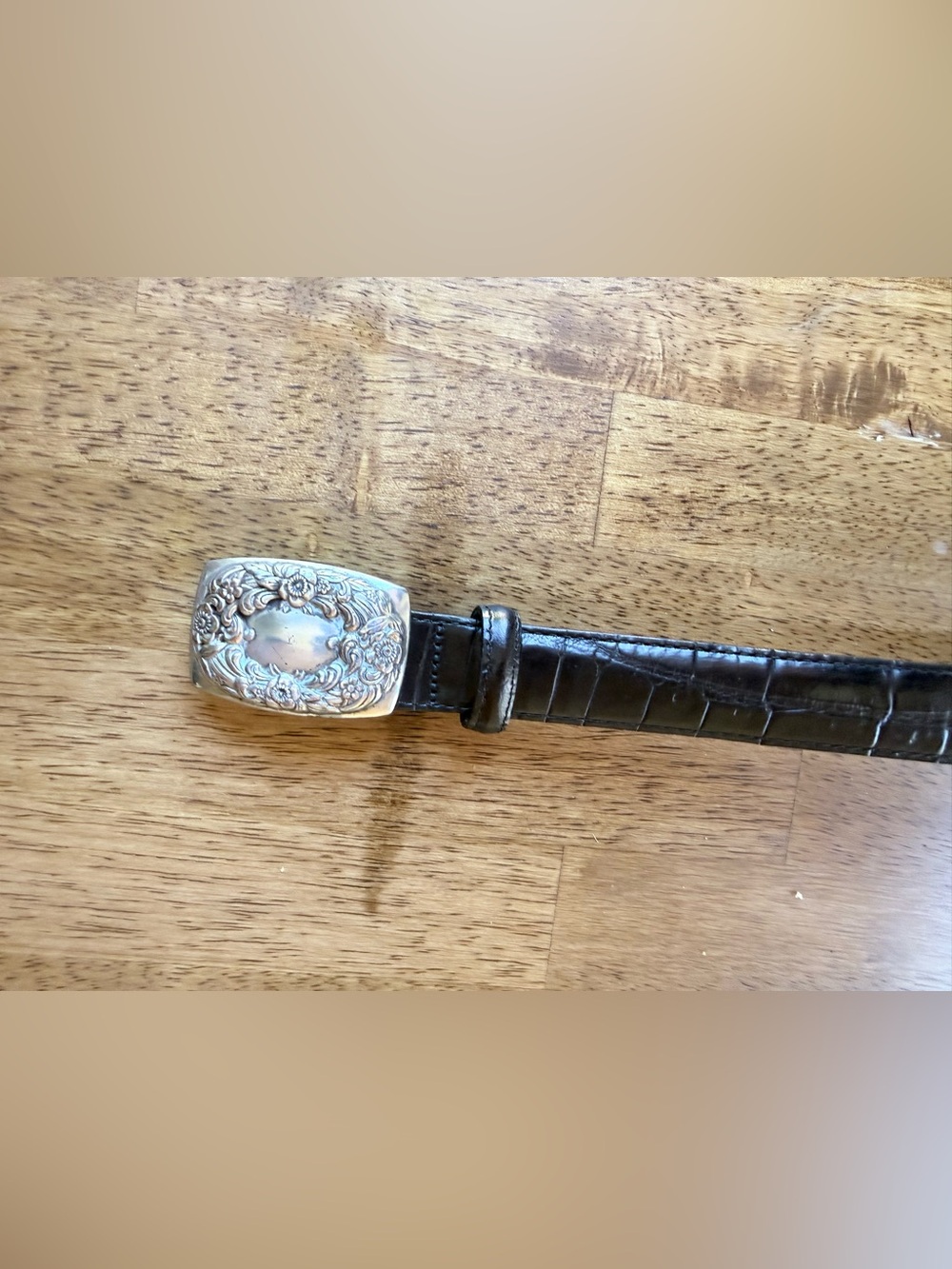 90s Black Croc-Embossed Leather Belt with Ornate Silver Buckle